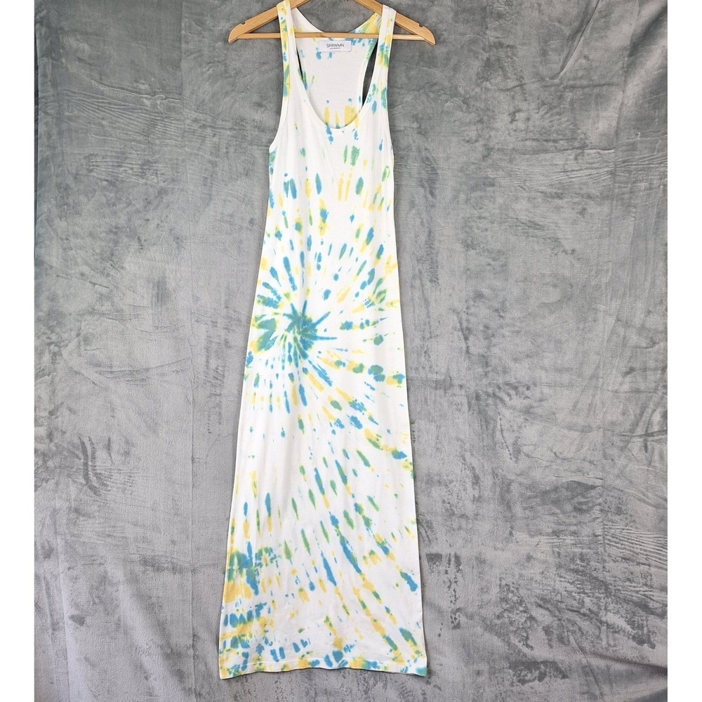 SPRWMN‎ Dress Small White Tie Dye Maxi Racerback Boho Hippie Retro Artsy Beach